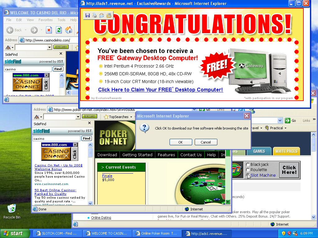 A picture of windows xp desktop filled with malware popups.